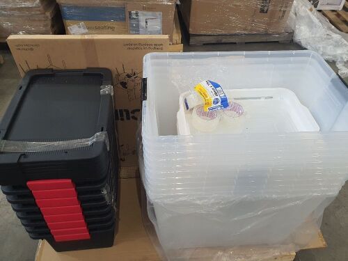 BULK PALLET of Plastic Storage Containers / Boxes of Clicklax Desktop Screen System / 2× Bins and Other Misc items. | Please Refer to images