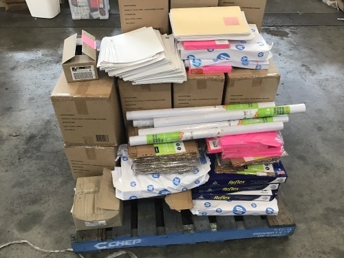 BULK PALLET BUNDLE, PACKS OF A3 PRINTER PAPER, FOLDER DIVIDERS, MAIL TUFF BUBBLE MAILERS, ECT, PLEASE REFER TO IMAGES OF ITEMS