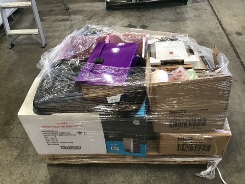BULK PALLET, BULK HAND SANITIZERS, STAINLESS STEEL BIN, 4 DRAW STORAGE CAB, FOLD OUT TABLES AND OTHER MISCELLANEOUS ITEMS, PLEASE REFER TO IMAGES OF ITEMS,