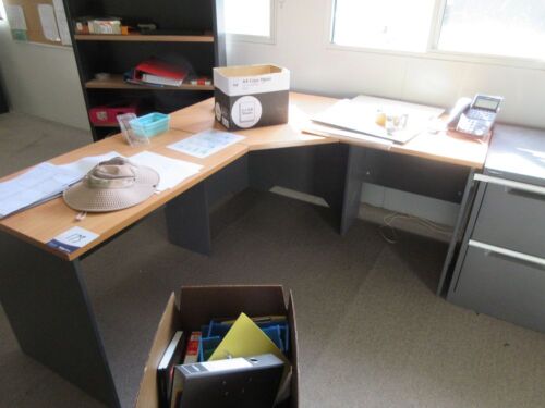 Office Desk with side return 1500 x 1800mm H; 2 Door cabinet, 900 x 450 x 720mm H; 1 x 3 Drawer pedestal