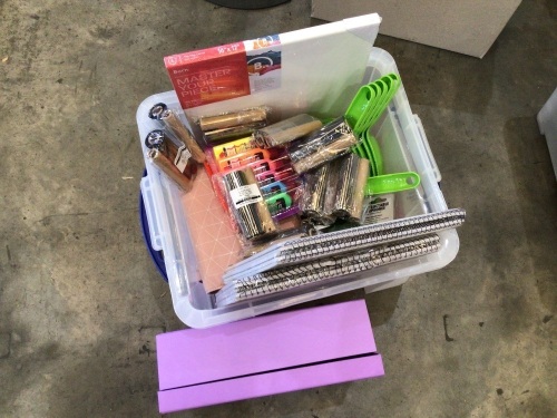 BUNDLE OF PINK PAPER, WHITEBOARD MARKERS, DUST PANS, PENS AND MORE