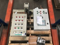 2 x Assorted Powder Coated Control Panels, 3 x assorted Multifunction Unit Controllers & assorted Sub Board on pallet