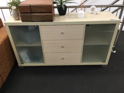 Timber Cabinet with 2 Glass Doors & 3 Timber Drawers, 
1410 x 380 x 780mm H