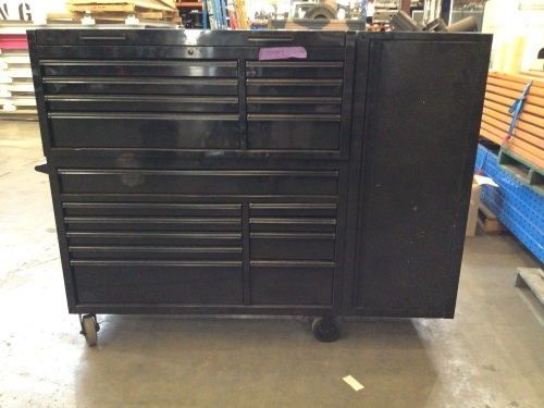 1370 WIDE 1550 TALL TOOL CHEST AND TROLLY WITH 18 DRAWERS, 560 WIDE 1540 HEIGHT TOOL CABINET ATTACHED. No tools or keys included