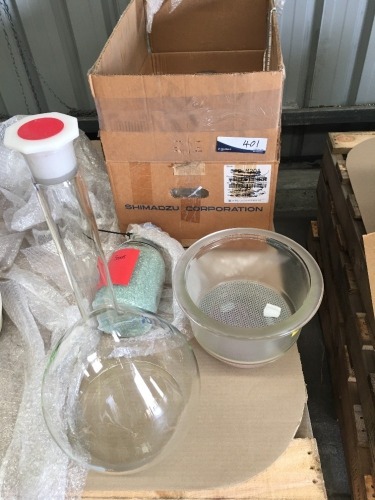 Box of Laboratory Glassware including Funnel, Bottle and Bowl