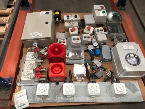 Pallet containing various Switches, Alarms, E-Stops, Pressure Switch, Festo Fittings & Powder Coated Cabinet