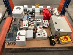 Pallet containing various Switches, Alarms, E-Stops, Pressure Switch, Festo Fittings & Powder Coated Cabinet - 8