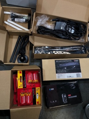 DELL computer chargers, HP computer battery, cable tester, batteries, mini-dp docking station, security cam, wifi antenna extension, hard drive case
