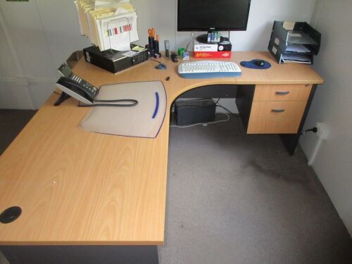 Office Furniture comprising; 1 x L shape desk; 1 x Filing cabinet; 1 x Small desk