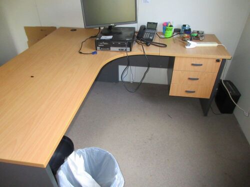 Office Furniture comprising; 1 x L shape desk; 1 x Filing cabinet, 4 drawer, 1 shelf, 5 tier