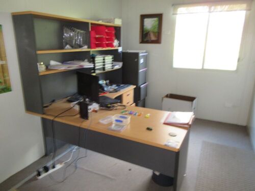 Office Furniture comprising; 1 x L shape desk, laminate, over desk shelves; 1 x Filing cabinet, 4 drawer, metal