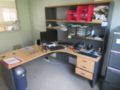 Office Furniture comprising; 1 x L shape desk, laminate, over desk shelves; 1 x Filing cabinet, 4 drawer, metal - 2