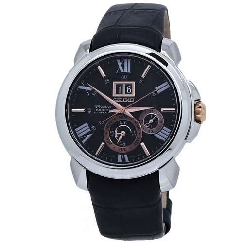 Seiko SNP149P2 Men's Premier Leather Black Dial Watch