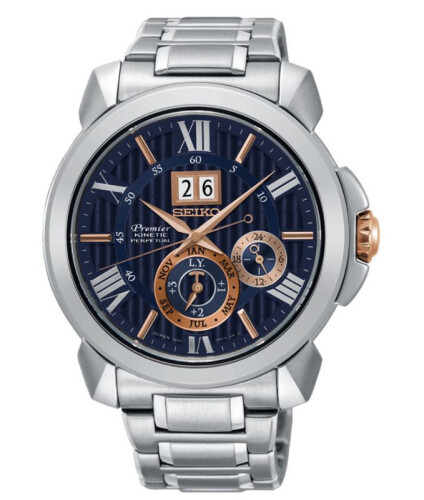Seiko Men's Premier Kinetic Perpetual Stainless Steel Blue Dial Watch SNP153P