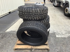 4 x Mickey Thomson Baja boss tyres Lt285/70r17 and 2 x MTE 258/45R22. Please refer to images of items.