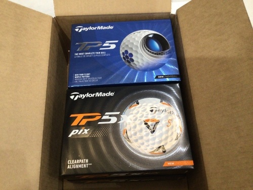 Box of 2 x 12 pack Taylormade TP5 golf balls RRP $84 each and 2 x 12 pack Taylormade TP5x Pix golf balls RRP $84