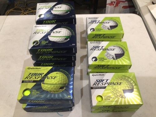 Box of 8 x 12 pack Taylormade Tour Response white golf balls RRP $59 each, 3 x 12 pack Taylormade Tour Response Hi Vis Yellow golf balls RRP $59 each, 4x 12 pack Taylormade Soft response white golf balls $35 each, 2 x 12 pack Taylormade Soft Response Matt