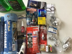 Box of miscellaneous automobile products (cleaning products, tools, bulbs, nuts, spark plugs and more). Please refer to images of items. - 2