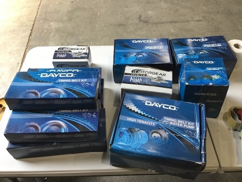 Box of Dayco timing belts and 2x Motorgear water pumps. Please refer to images of items