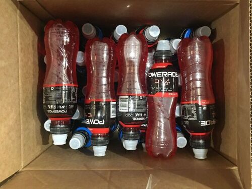 Carton of Powerade 600ml, Red & Blue. Contained in 40 Ltr Carton