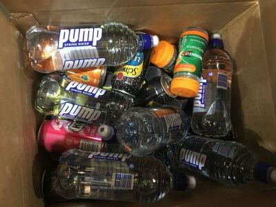 Carton of Pump Water, Soft Drink Cans, Ice Coffee & Berocca. Contained in 40 Ltr Carton