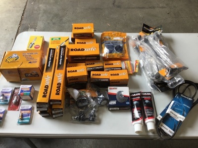 Box of steering and suspension, sensors, spark plugs, belts etc. Please refer to images of items.