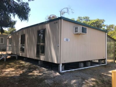 Ausco Relocatable Lunch Room Building, 12m x 6m, 2 sections with steel fabricated 4 step entry platform & rear awning