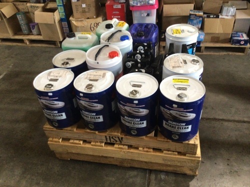 Bulk pallet of 4 stroke oil, 20L brake cleaner x6, long life coolant, heavy duty truck wash etc.  Please refer to images of items.