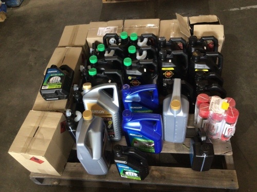 Bulk pallet of 8 boxes of 12 brake cleaner, multiple 5L bottles of various Penrith oils. Please refer to the images of the items.