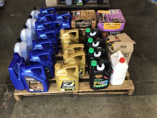 Bulk pallet of multiple 5L bottles of engine oils, and hand cleaner. Please refer to images of items.