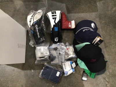 Assorted box - 3 x Club cover, club tools, gloves, caps, scorecard holder