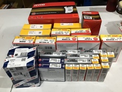 Box of packs of spark plugs, various sizes, and Ryco filters. Please refer to images of items. - 2