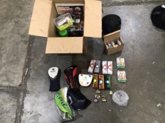Pallet of assorted items from Golf pro shop including 12 assorted carbon and steel shafts, club ferrules in case, bottles of coke, Diet Coke, box of assorted club covers, Titleist and Callaway balls, refillable water bottles, and other accessories, box of - 2