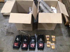Pallet of assorted items from Golf pro shop including 12 assorted carbon and steel shafts, club ferrules in case, bottles of coke, Diet Coke, box of assorted club covers, Titleist and Callaway balls, refillable water bottles, and other accessories, box of - 3