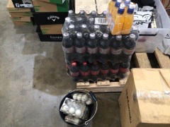 Pallet of assorted items from Golf pro shop including 12 assorted carbon and steel shafts, club ferrules in case, bottles of coke, Diet Coke, box of assorted club covers, Titleist and Callaway balls, refillable water bottles, and other accessories, box of - 5