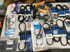 Box of various sizes poly v belts, radiator hoses, spark plugs etc. Please refer to images of items. - 2