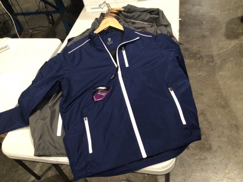 Bundle of 8 x Island Green waterproof men's sports jackets, navy blue and dark grey, sizes M - XXL