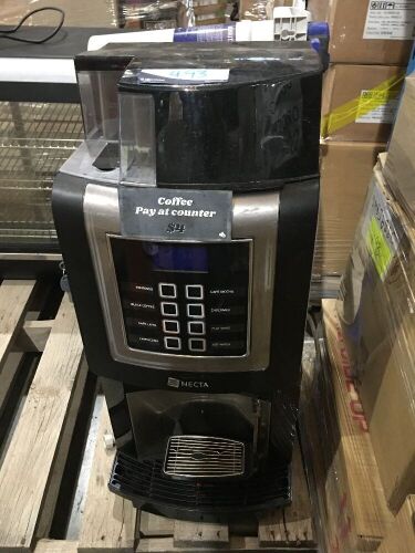Necta Automatic Coffee Machine & various supplies including: Coffee Beans; Travel Mugs; Vending Chocolate; & 2 x boxes of Soft Drink
