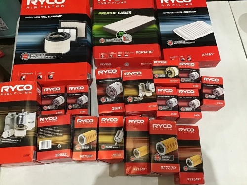 Box of various sizes Ryco air filters and oil filter. Please refer to images of items.