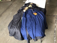 Bundle of 21 Sporte wind proof men's jackets, black, and 4 Heather pullovers navy blue, sizes, M-XXXL