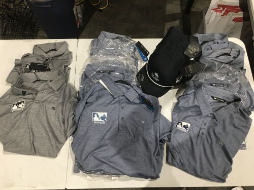 Quantity of 15 "Pennants" Travis Mathew Golf Polo Shirts, Blue or Grey. Sizes: S, M, L, XL, XXL & XXXL including 6 x Rope Caps