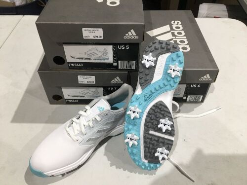 Quantity of 3 x pairs of Adidas Junior Golf Shoes, Style: FW5643, sizes: 5, 6, 7