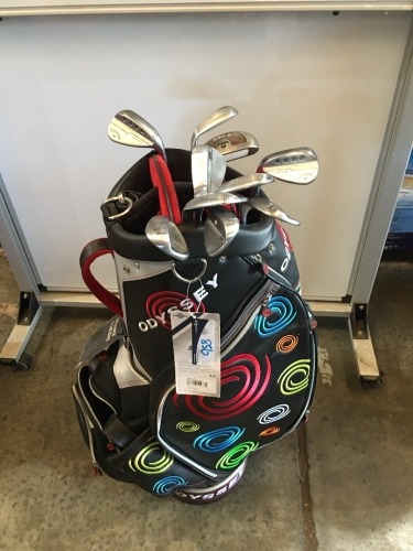 Odyssey Staff bag with closed clubs including; 9 x various Wedges, Chipping Putter