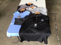 Bundle of FJ men's polo shirts in black and grey, sizes S-XL, and FJ 1/4 zip pullovers, in blue and grey/black, sizes S-XXL