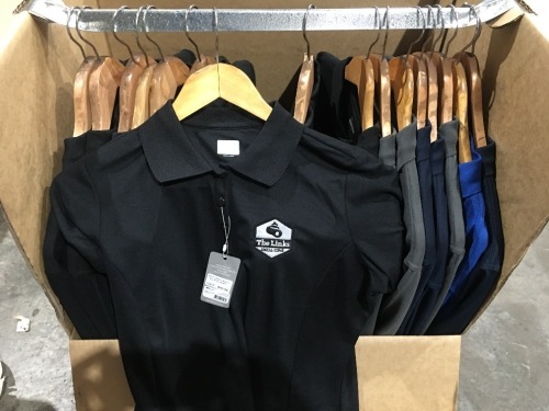 Quantity of 16 x The Links Shell Cove Men's & Ladies Polo Shirts, Black, Grey or Blue, sizes Small - 2XL, various sizes