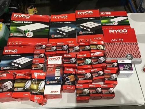 Box of various sizes Ryco air filters and oil filters. Please refer to images of items.