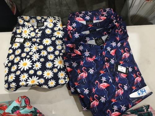 Quantity of 6 x Golf Gods Polo Shirts, Blue/Pink, sizes: M, L, XL, 2XL & 1 x Flower Pattern Shirt
