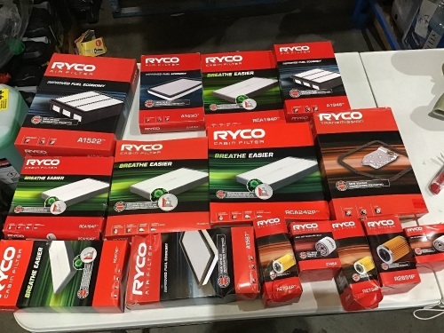 Box of various sizes Ryco air filters and oil filters. Please refer to images of items.