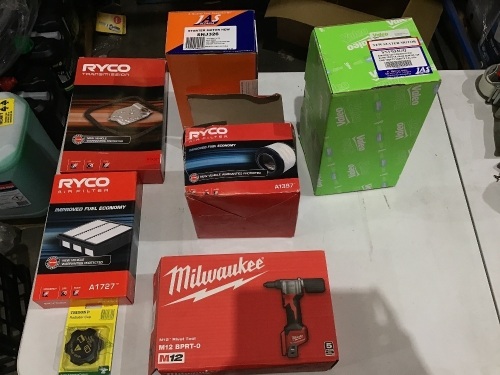 Box of Milwaukee m12 bpts-0 rivet tool, new starter motor, radiator cap and Ryco air filters. Please refer to images of items.