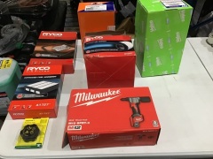 Box of Milwaukee m12 bpts-0 rivet tool, new starter motor, radiator cap and Ryco air filters. Please refer to images of items. - 3